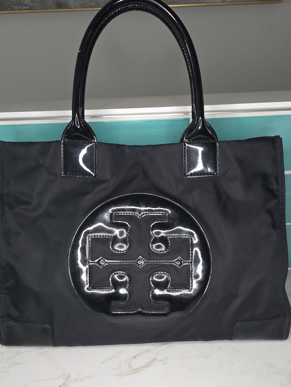 Tory Burch Black Nylon Tote with Patent Logo